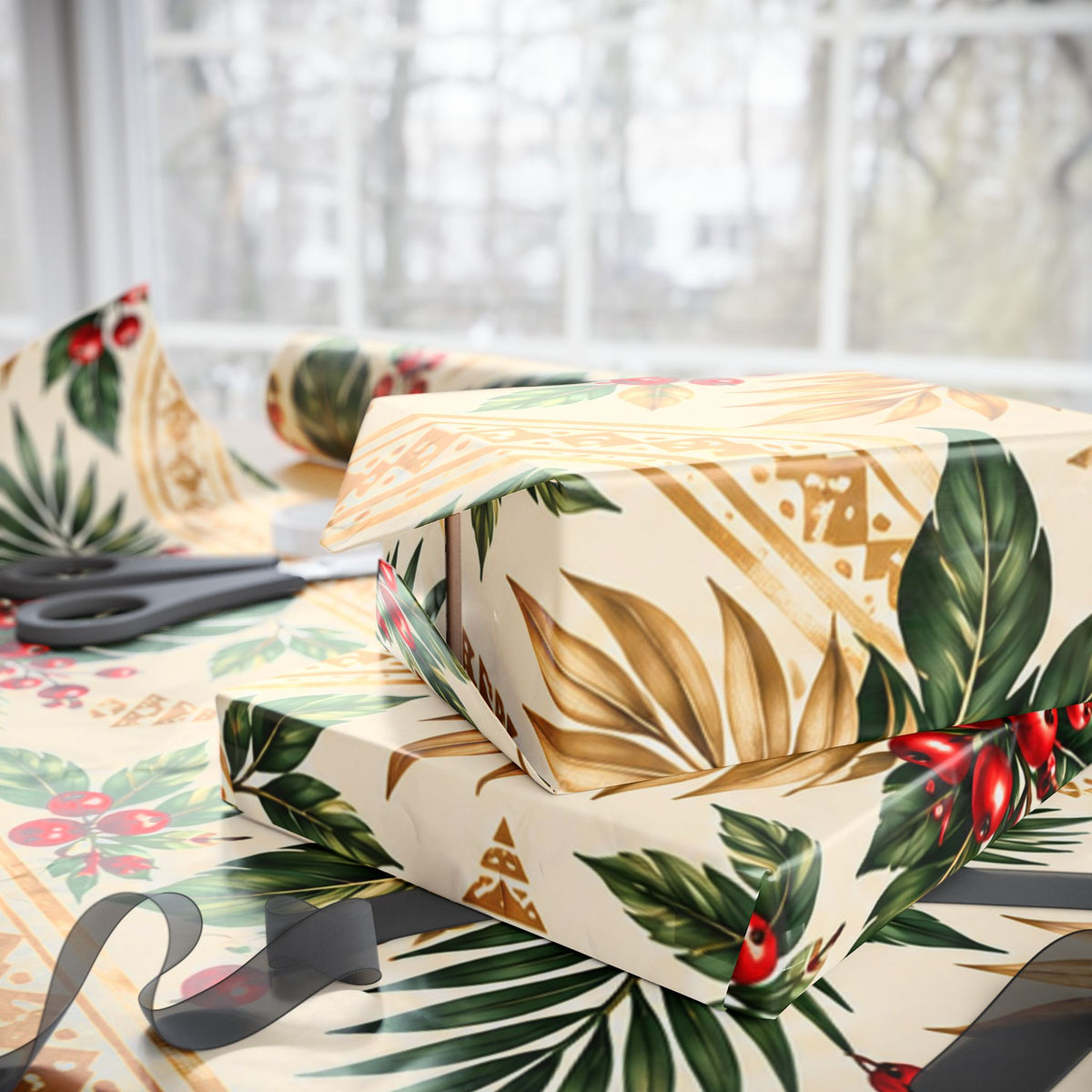 Holiday Berry & Palm Wrapping Paper Roll — Vintage Botanical Gift Wrap