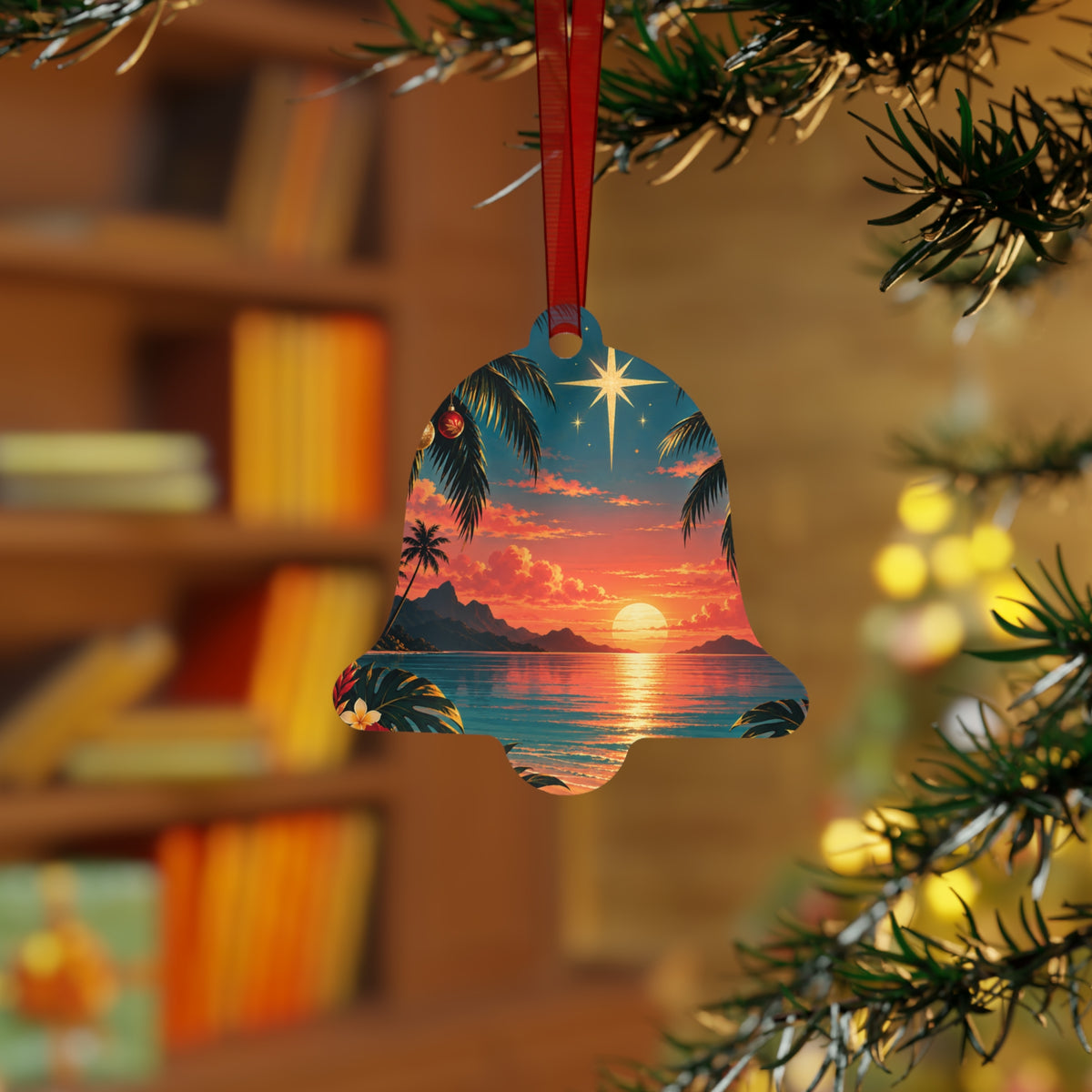 Bell Ornament - Tropical Sunset Christmas Metal Ornament with Star & Palm Beach Scene