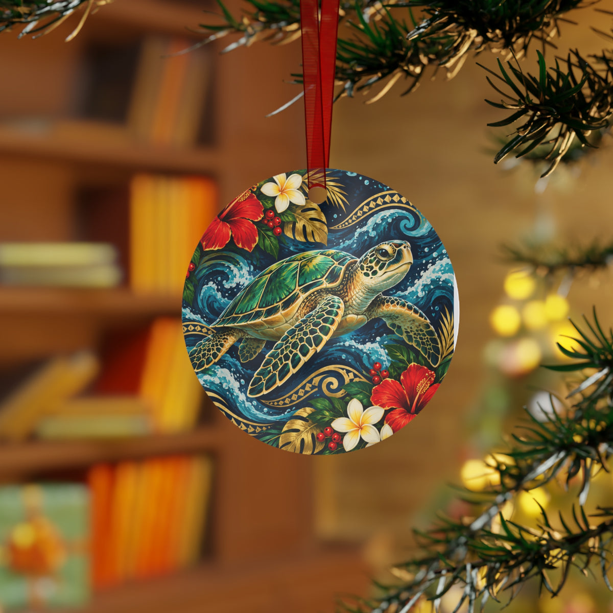 Sea Turtle Holiday Bell Ornament — Tropical Hawaiian Metal Ornament