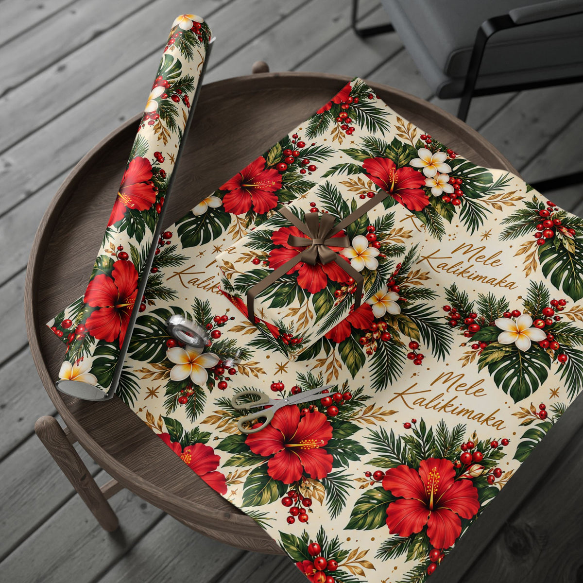 Holiday Poinsettia & Pine Wrapping Paper Roll — Festive Christmas Gift Wrap