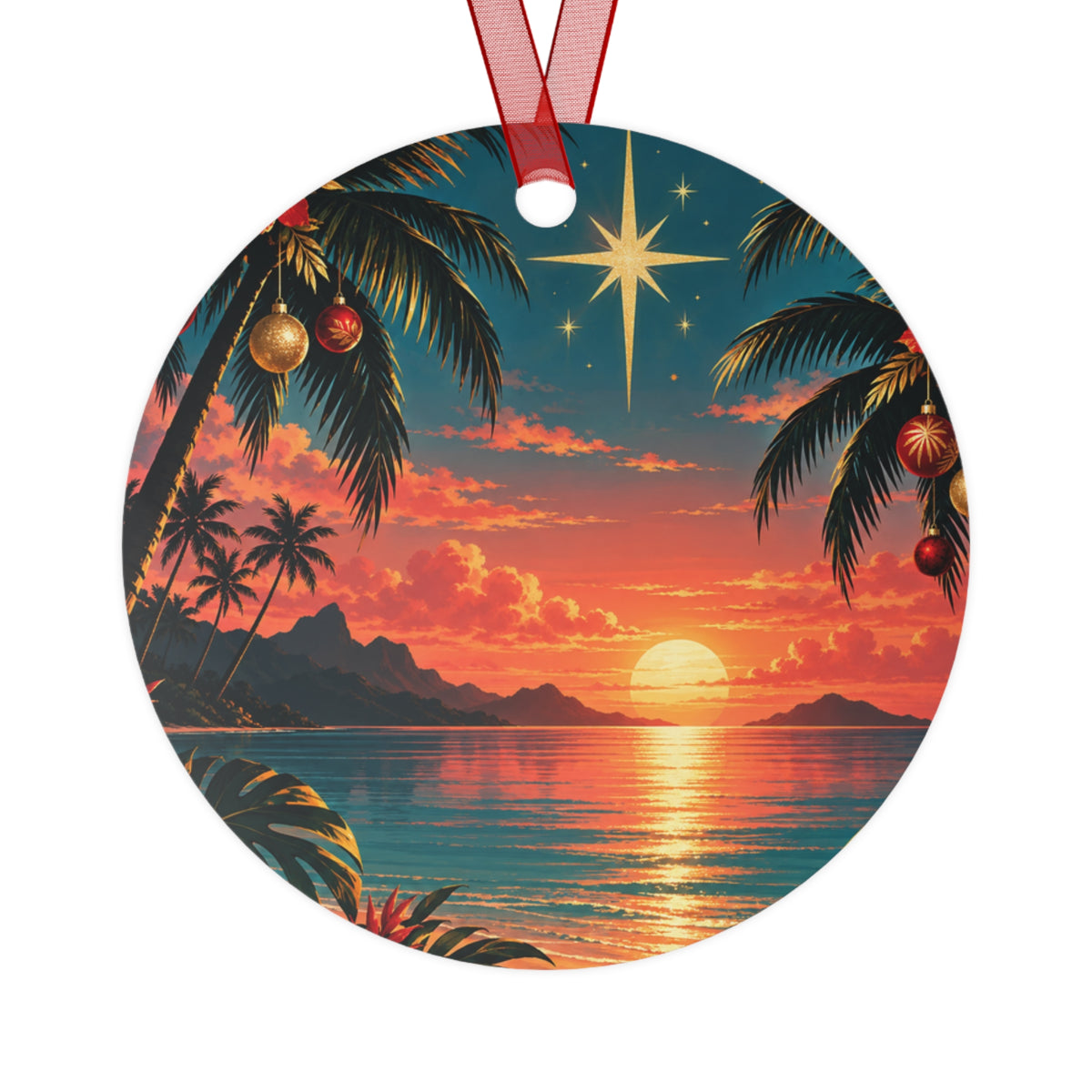 Bell Ornament - Tropical Sunset Christmas Metal Ornament with Star & Palm Beach Scene