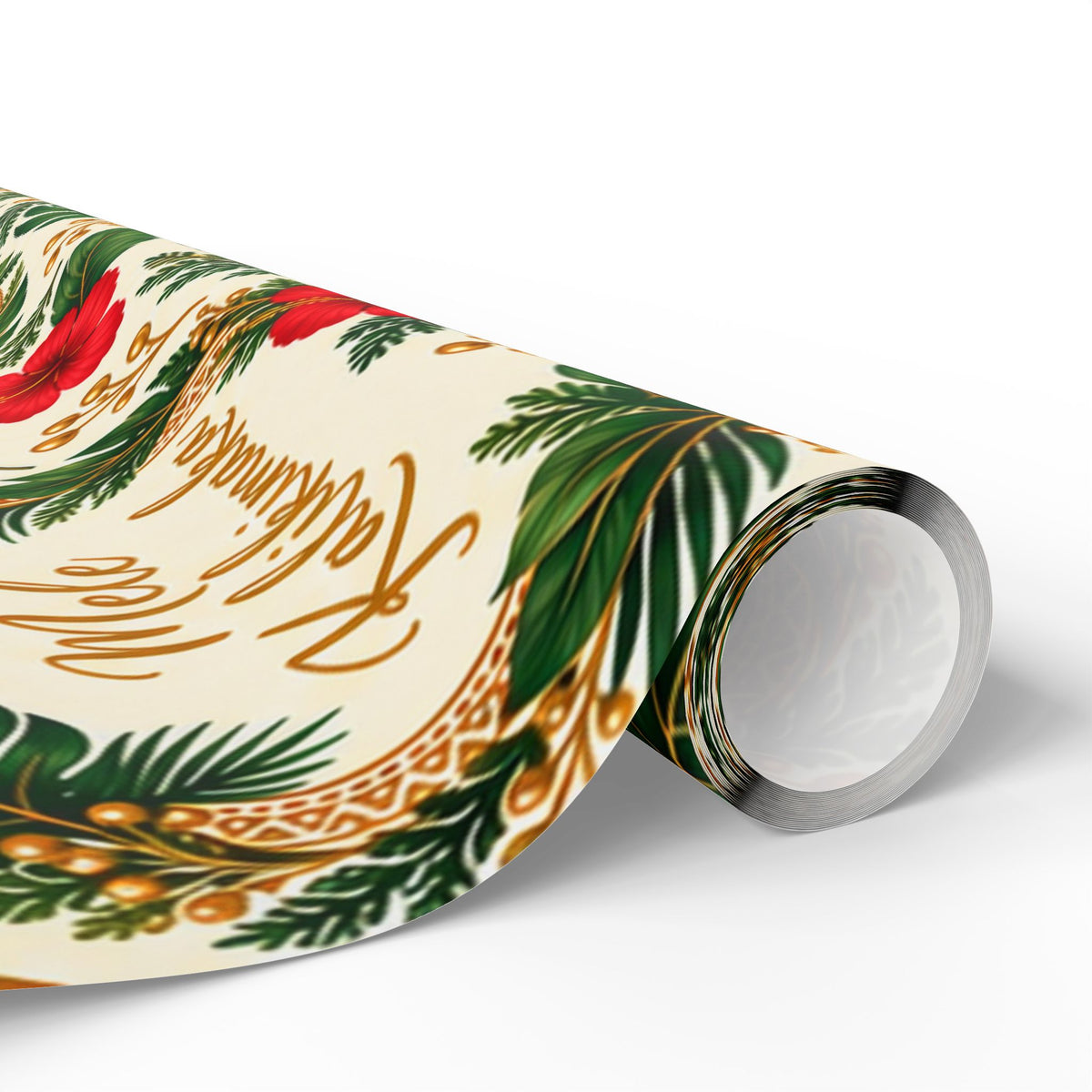 Holiday Wreath Wrapping Paper Roll — Classic Green & Gold Christmas Gift Wrap
