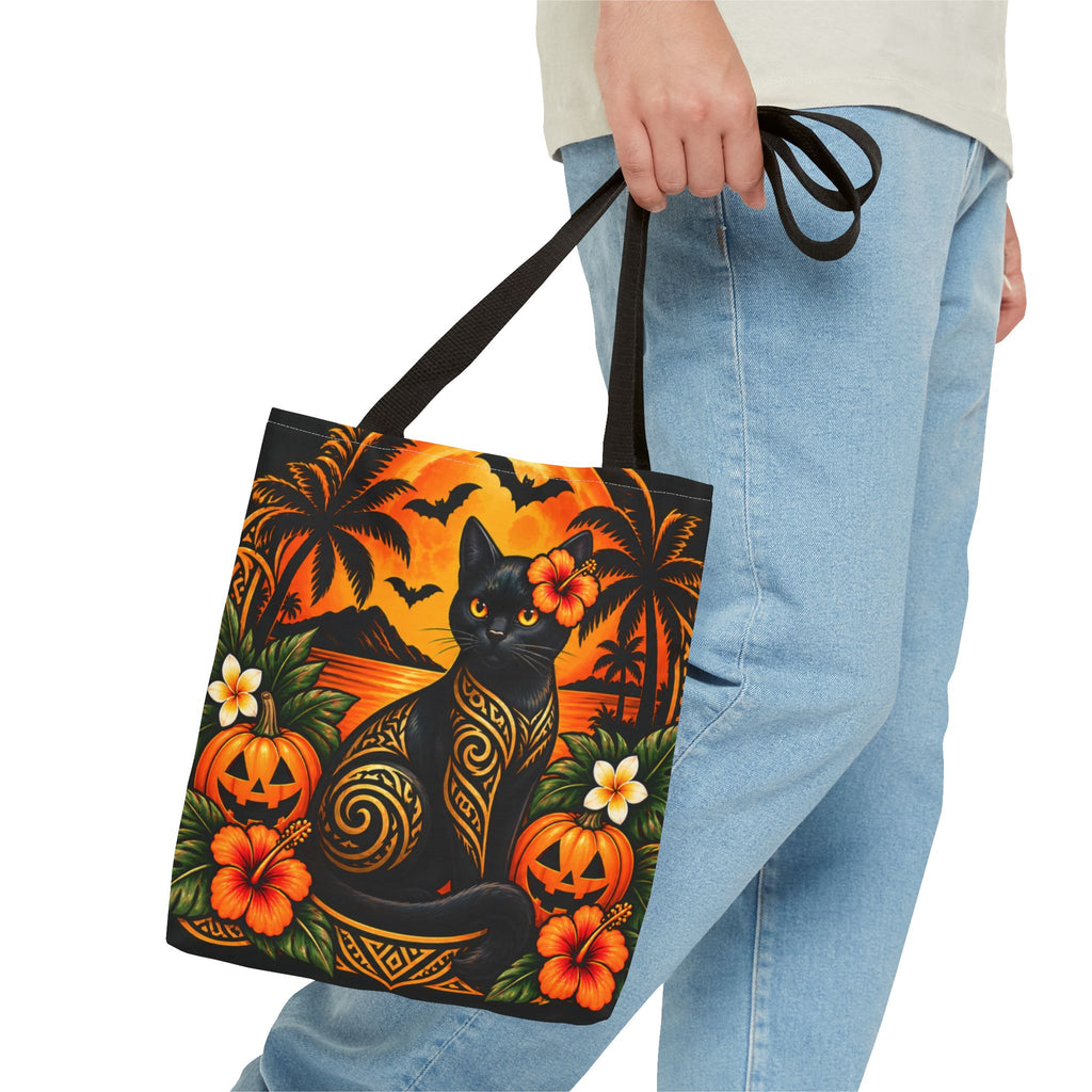 Black Cat Trick-or-Treat Tropical Halloween Tote Bag