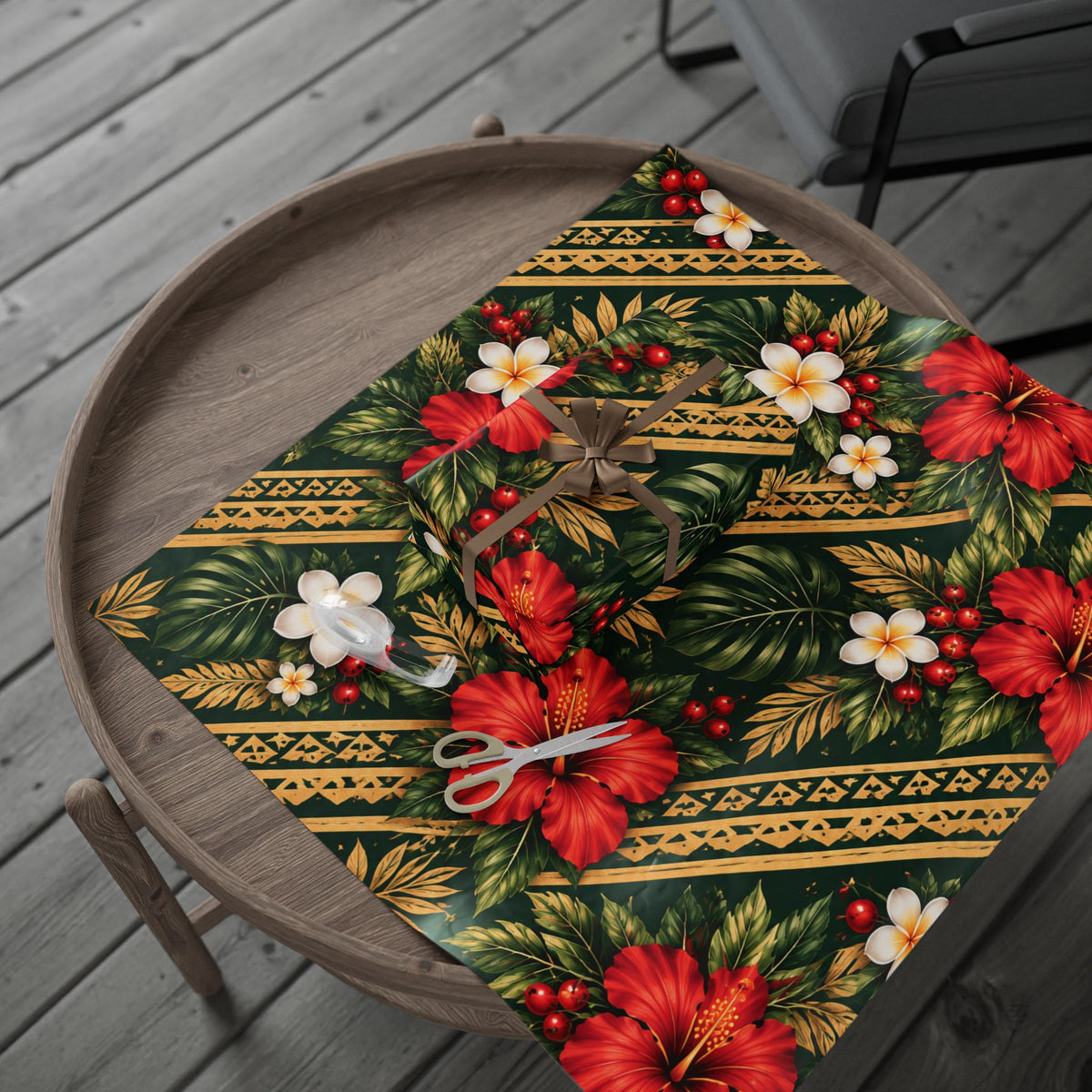 Holiday Floral Wrapping Paper Roll — Tropical Poinsettia & Plumeria Gift Wrap