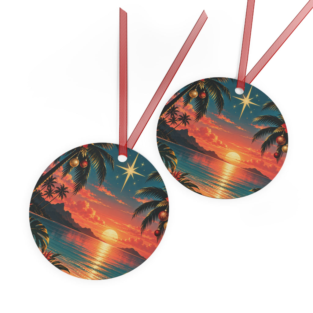 Bell Ornament - Tropical Sunset Christmas Metal Ornament with Star & Palm Beach Scene