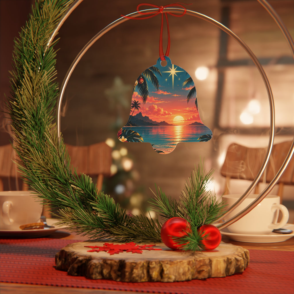 Bell Ornament - Tropical Sunset Christmas Metal Ornament with Star & Palm Beach Scene