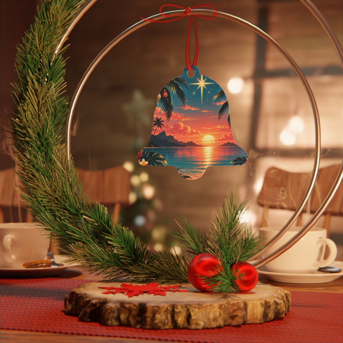 Bell Ornament - Tropical Sunset Christmas Metal Ornament with Star & Palm Beach Scene