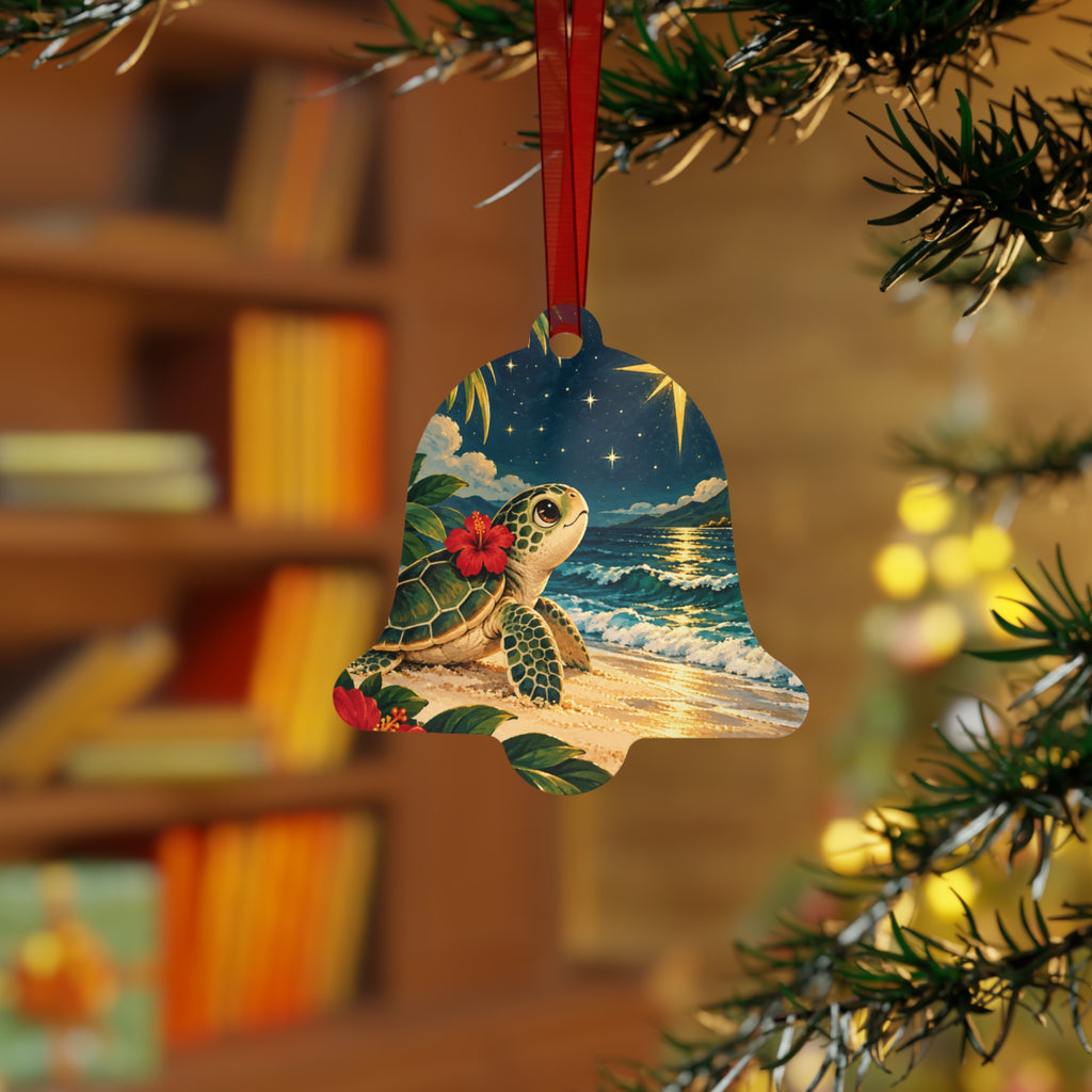 Sea Turtle Beach Bell Metal Ornament — Tropical Coastal Holiday Decoration