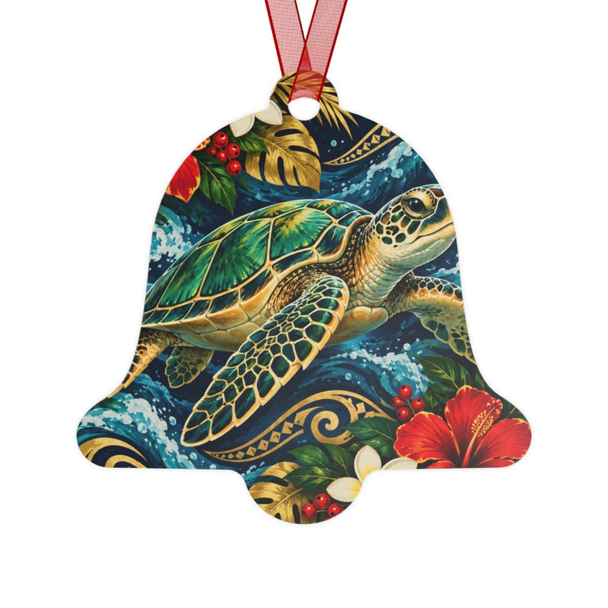 Sea Turtle Holiday Bell Ornament — Tropical Hawaiian Metal Ornament