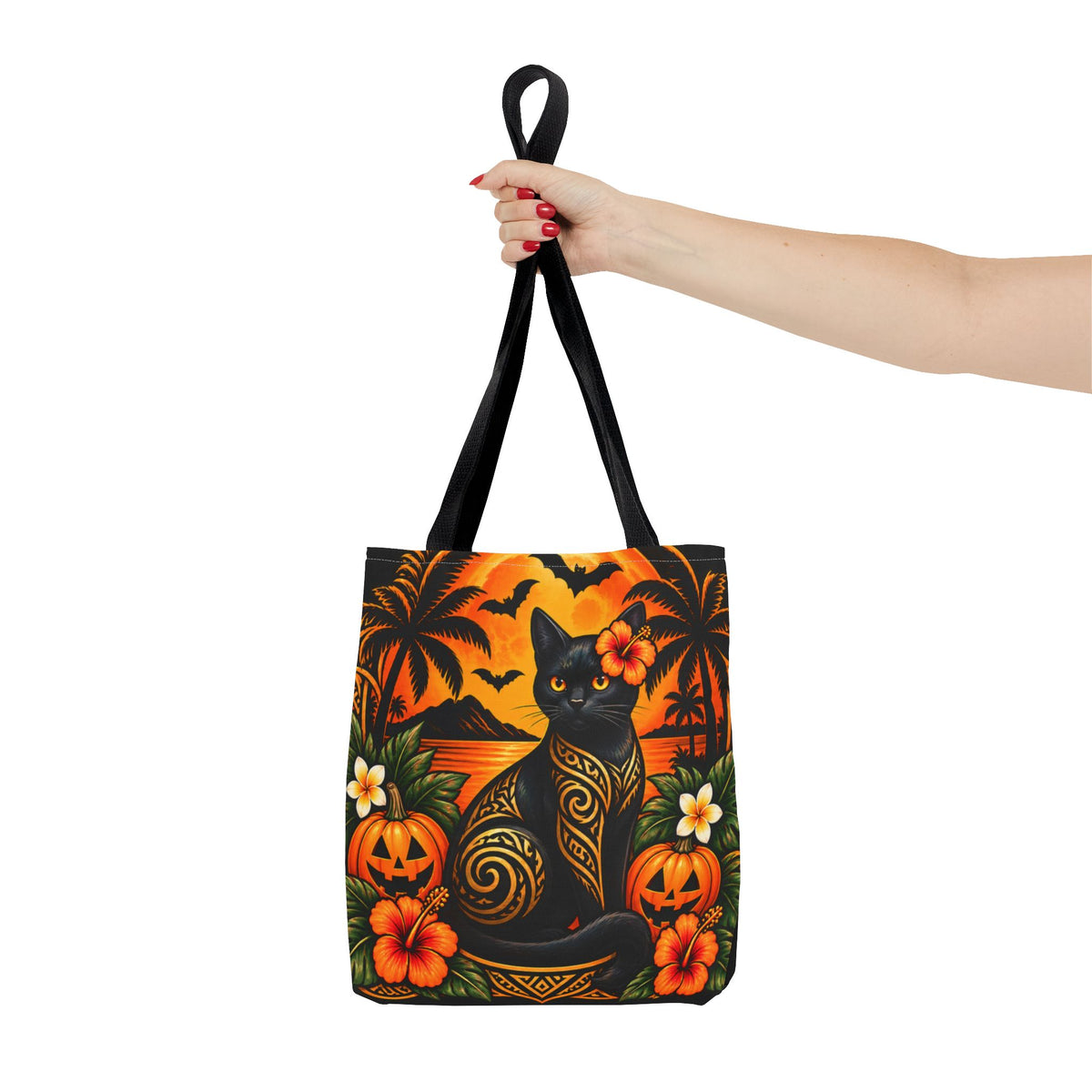 Black Cat Trick-or-Treat Tropical Halloween Tote Bag