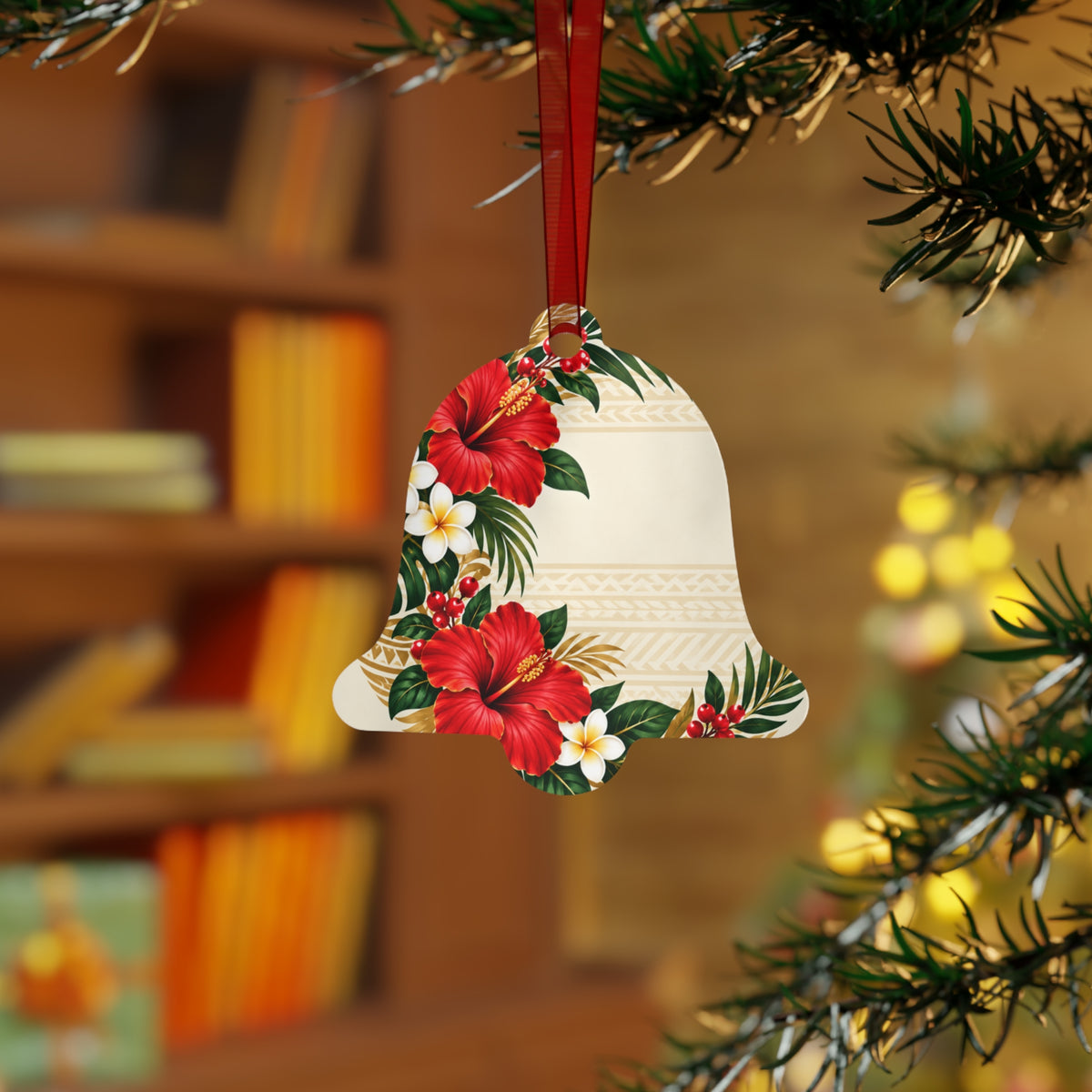 Hawaiian Hibiscus Bell Metal Ornament — Tropical Floral Christmas Decoration
