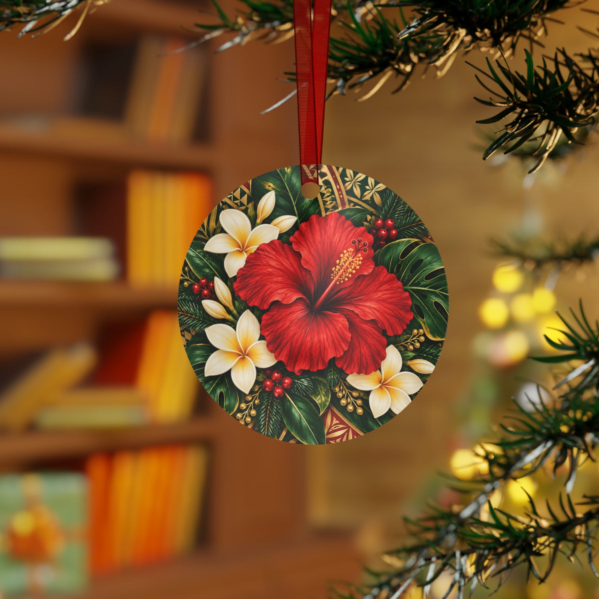 Hibiscus Plumeria Bell Metal Ornament — Tropical Floral Christmas Tree Decoration