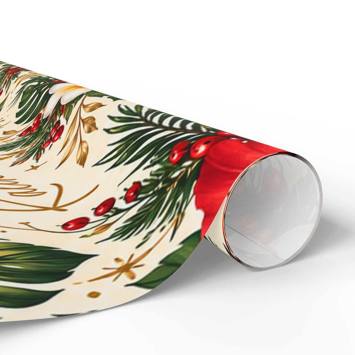 Holiday Poinsettia & Pine Wrapping Paper Roll — Festive Christmas Gift Wrap