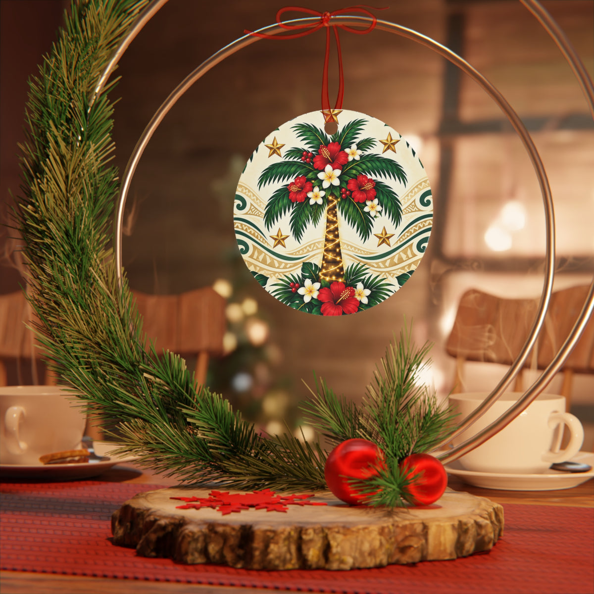 Tropical Palm Metal Ornament – Hawaiian Hibiscus Christmas Decoration