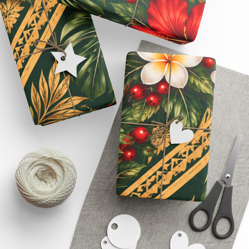Holiday Floral Wrapping Paper Roll — Tropical Poinsettia & Plumeria Gift Wrap