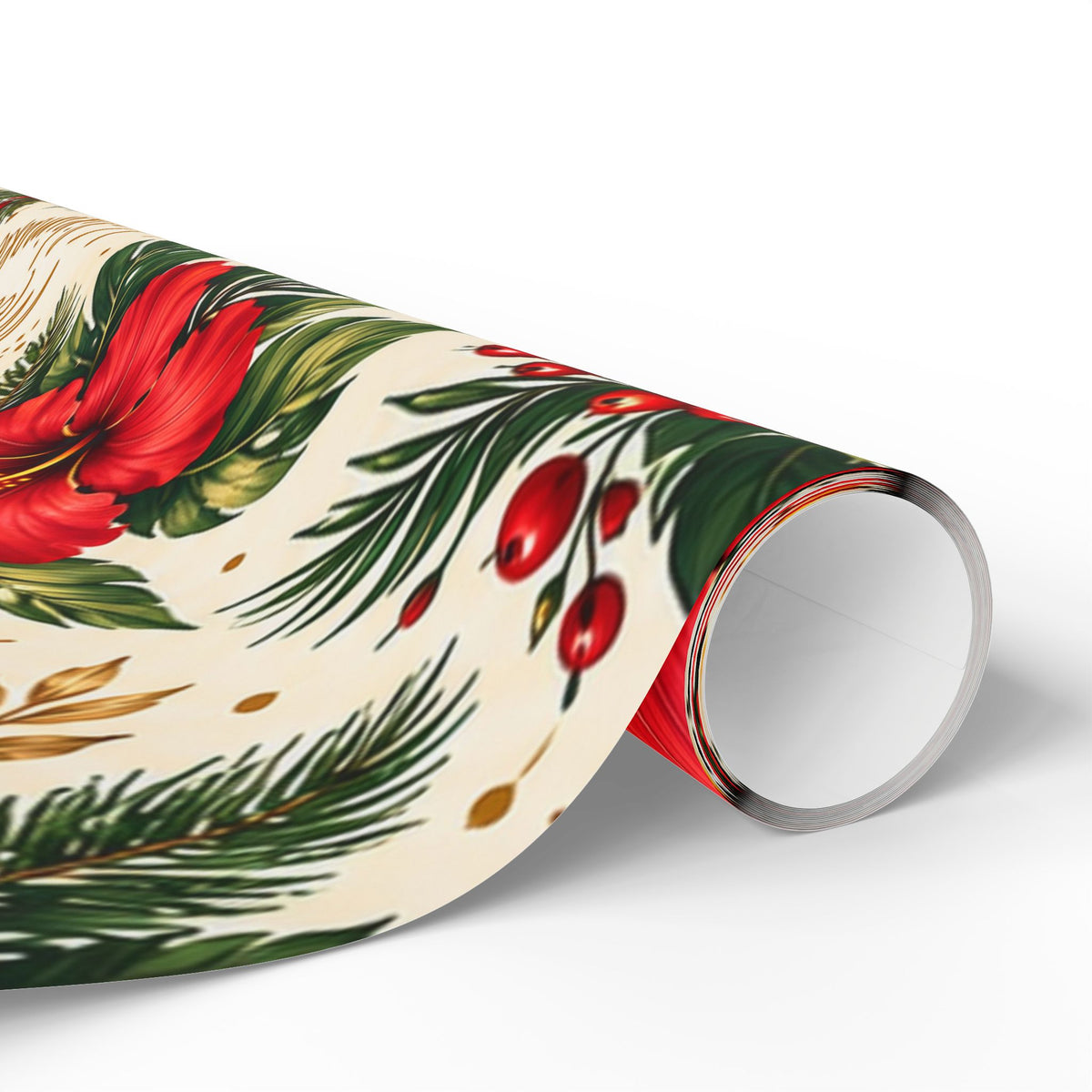 Holiday Poinsettia & Pine Wrapping Paper Roll — Festive Christmas Gift Wrap