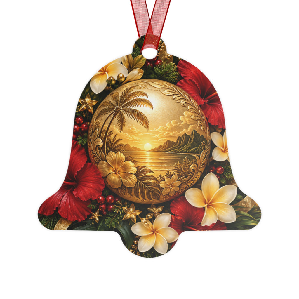 Tropical Hibiscus Metal Ornament — Hawaiian Sunset Bell Christmas Decoration