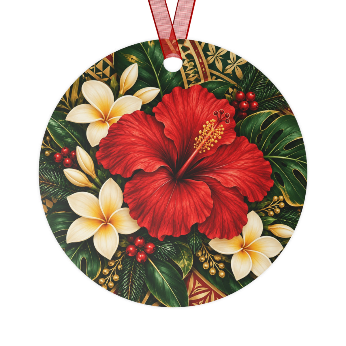 Hibiscus Plumeria Bell Metal Ornament — Tropical Floral Christmas Tree Decoration