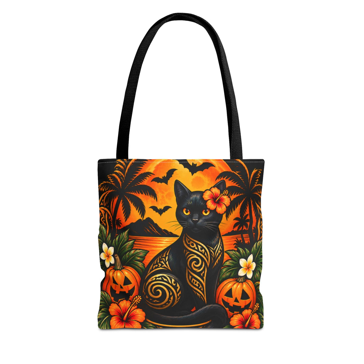 Black Cat Trick-or-Treat Tropical Halloween Tote Bag