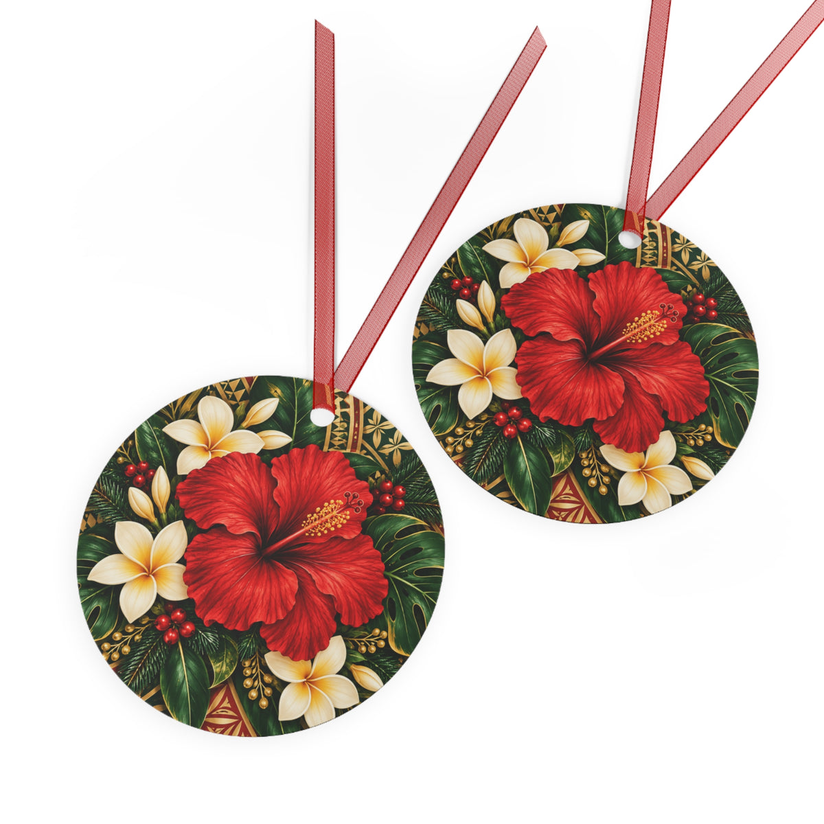 Hibiscus Plumeria Bell Metal Ornament — Tropical Floral Christmas Tree Decoration