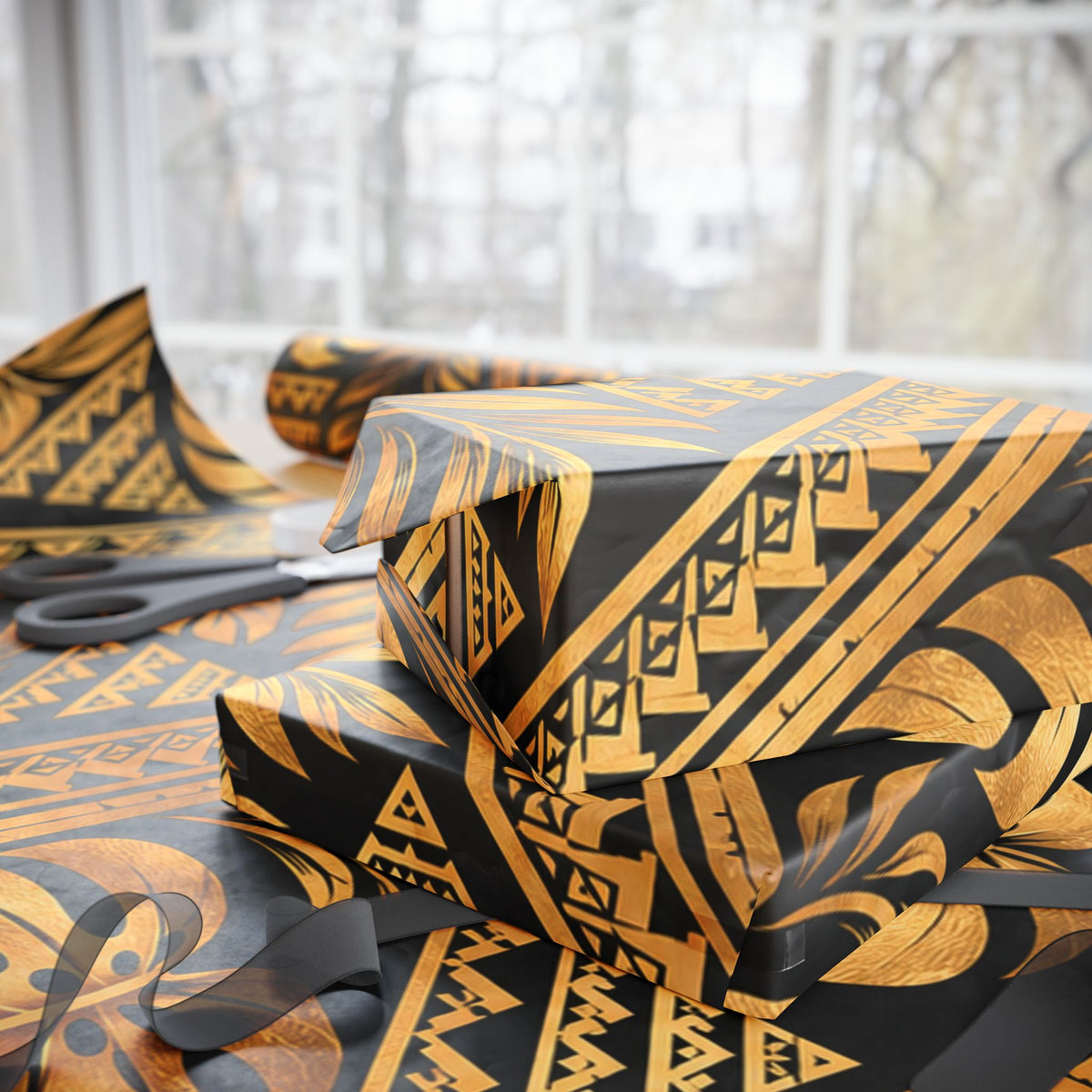 Gold & Black Floral Wrapping Paper Roll — Elegant Gift Wrap for Weddings, Anniversaries & Christmas