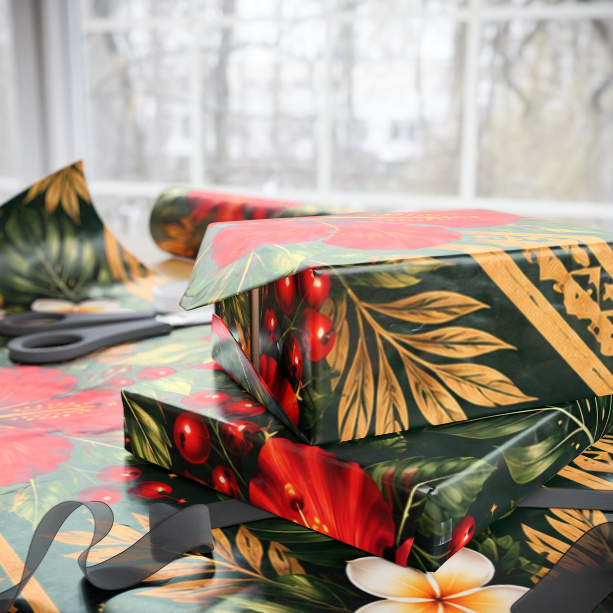 Holiday Floral Wrapping Paper Roll — Tropical Poinsettia & Plumeria Gift Wrap
