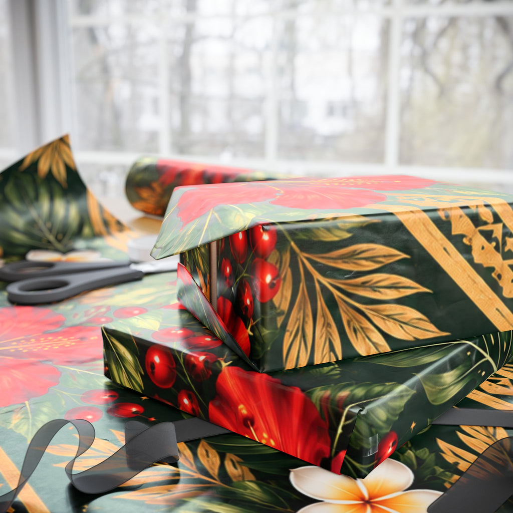 Holiday Floral Wrapping Paper Roll — Tropical Poinsettia & Plumeria Gift Wrap