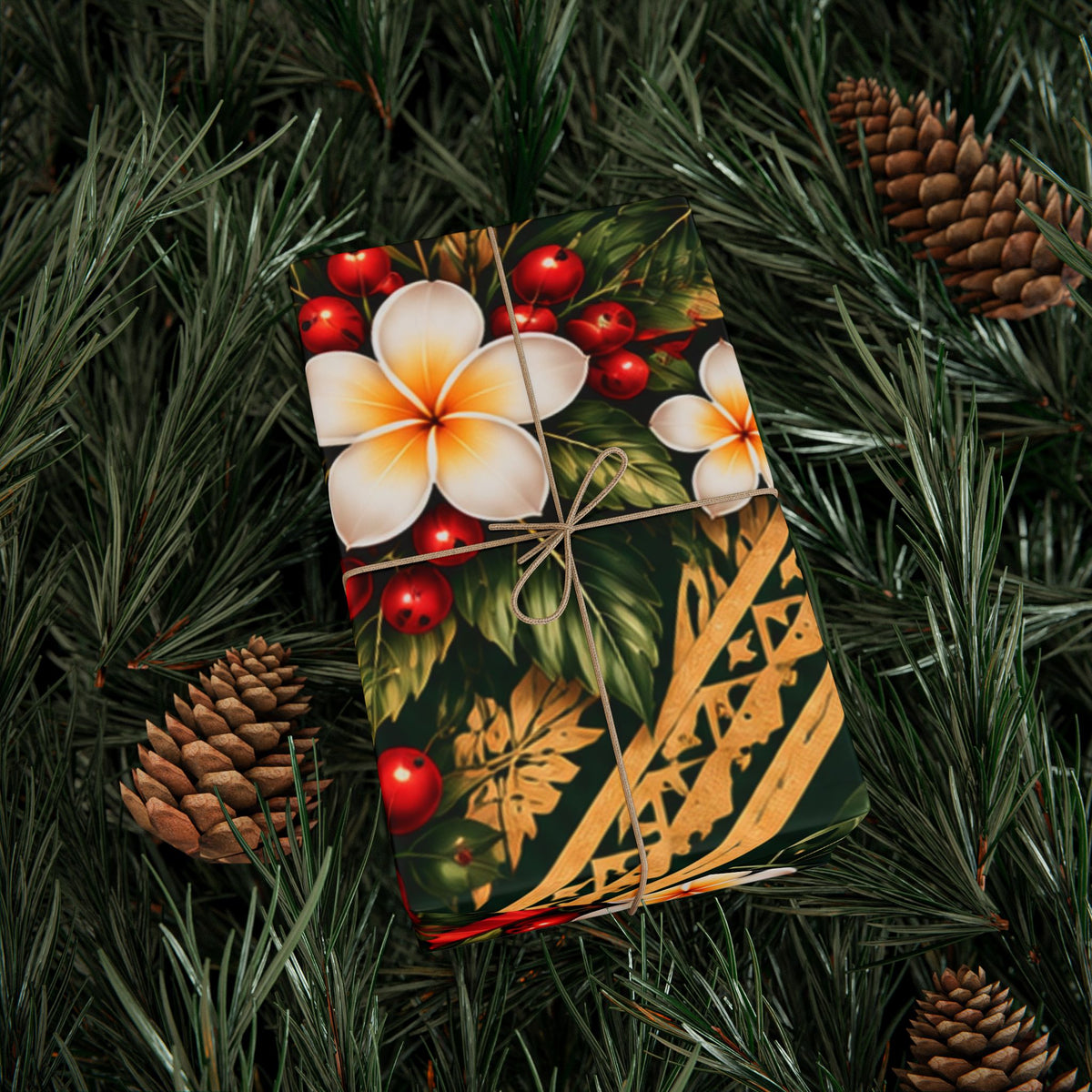 Holiday Floral Wrapping Paper Roll — Tropical Poinsettia & Plumeria Gift Wrap