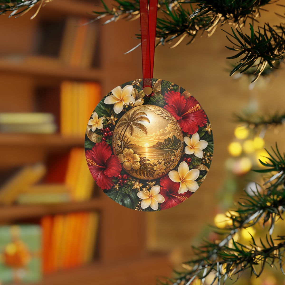 Tropical Hibiscus Metal Ornament — Hawaiian Sunset Bell Christmas Decoration