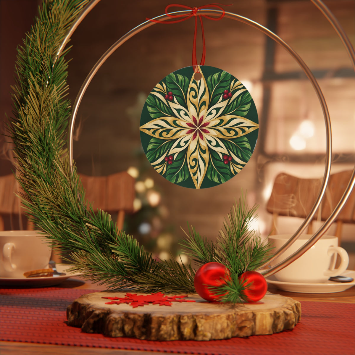 Gold & Green Holly Star Metal Ornament — Festive Christmas Tree Decoration