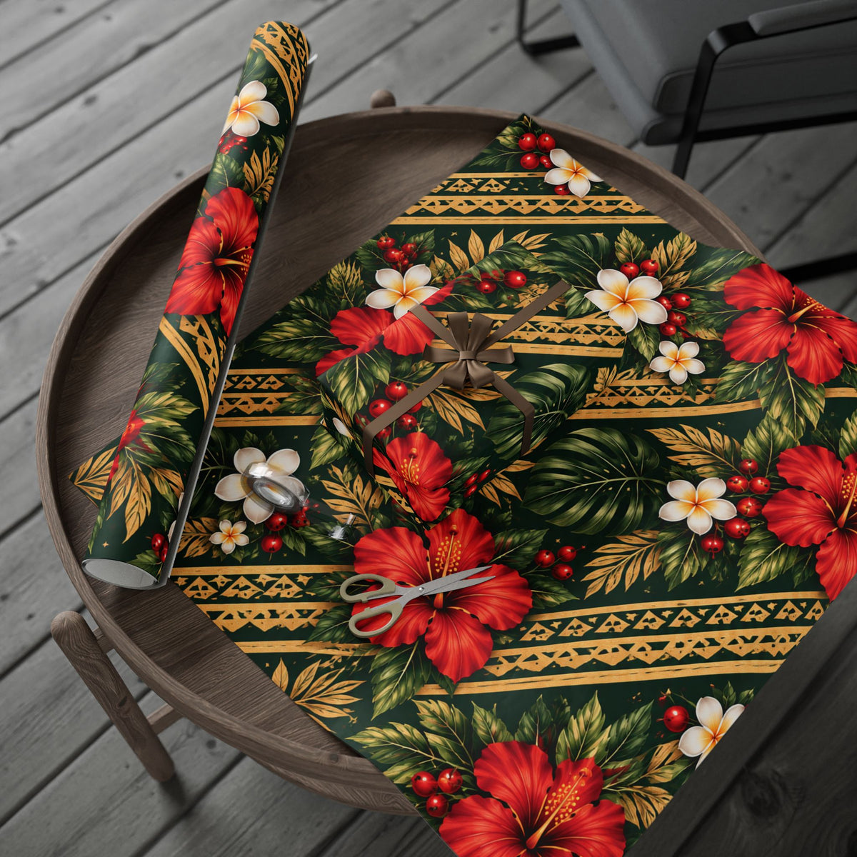 Holiday Floral Wrapping Paper Roll — Tropical Poinsettia & Plumeria Gift Wrap