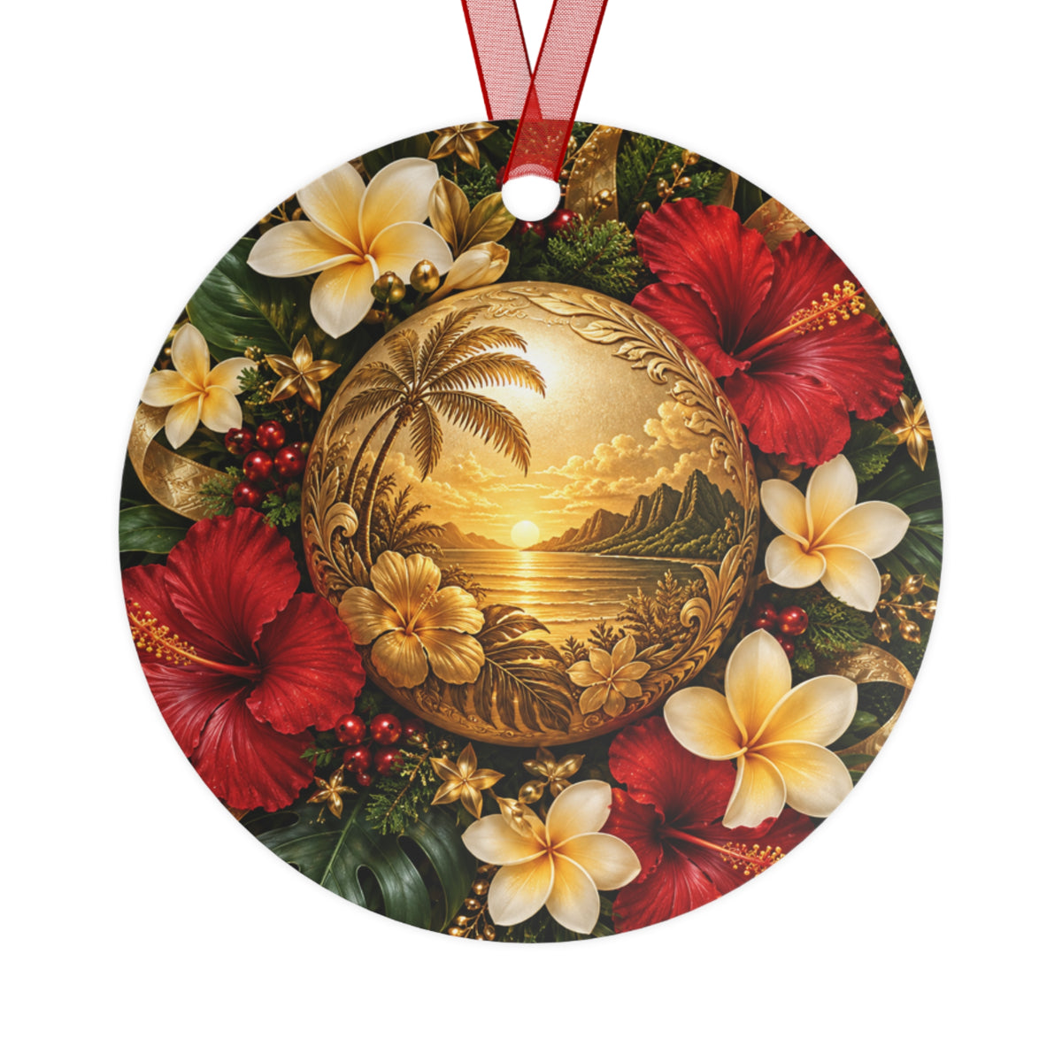 Tropical Hibiscus Metal Ornament — Hawaiian Sunset Bell Christmas Decoration
