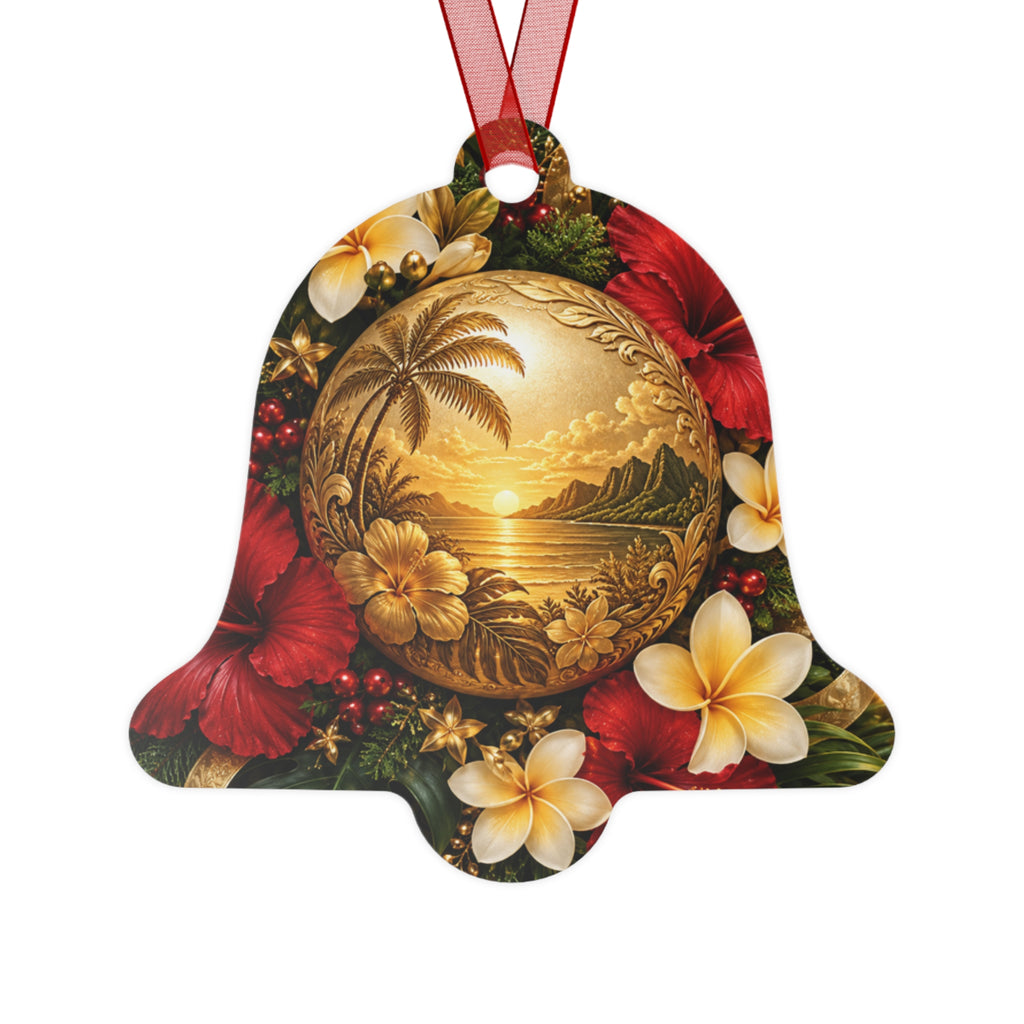 Tropical Hibiscus Metal Ornament — Hawaiian Sunset Bell Christmas Decoration