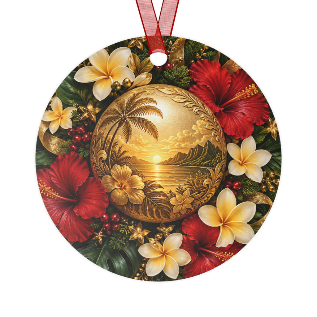 Tropical Hibiscus Metal Ornament — Hawaiian Sunset Bell Christmas Decoration