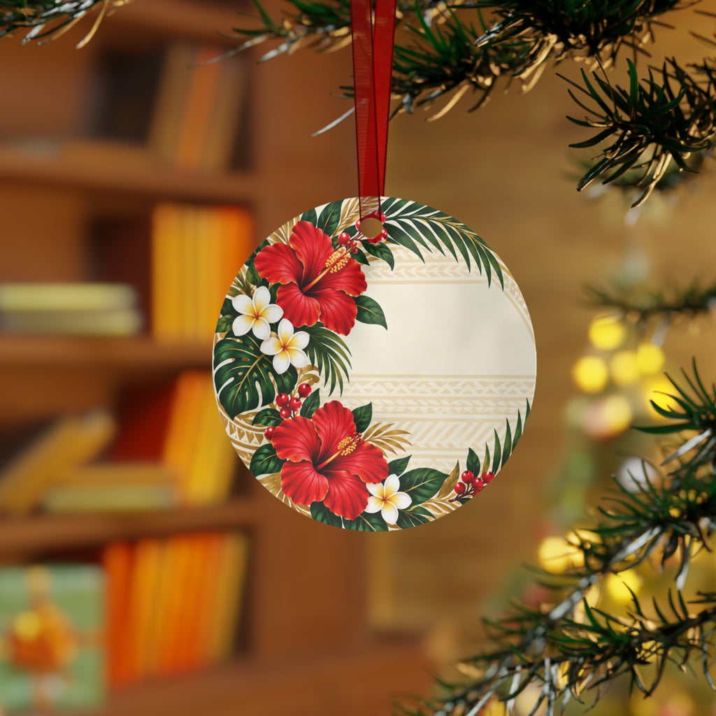 Hawaiian Hibiscus Bell Metal Ornament — Tropical Floral Christmas Decoration