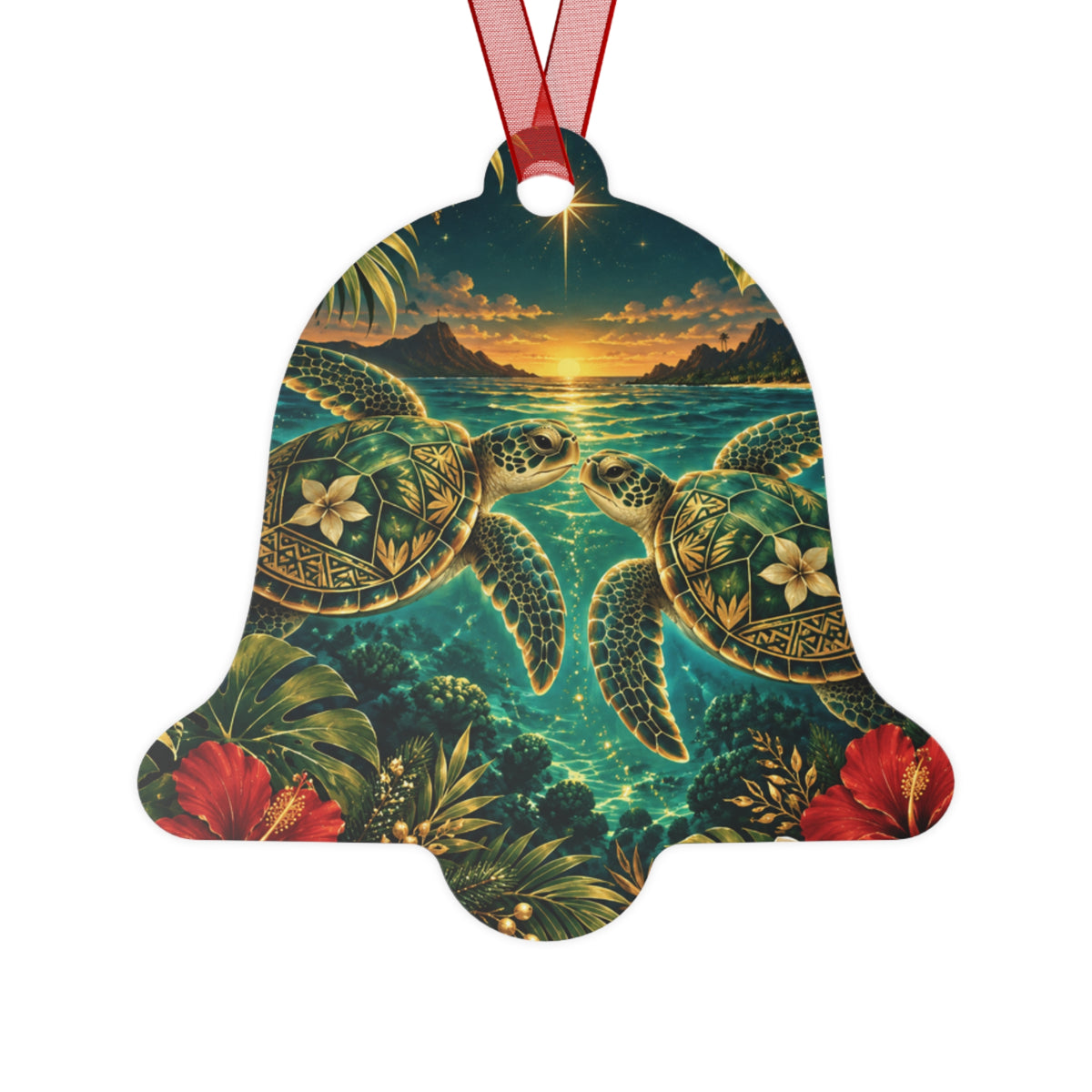 Sea Turtle Sunset Metal Ornament — Tropical Hawaiian Holiday Decor