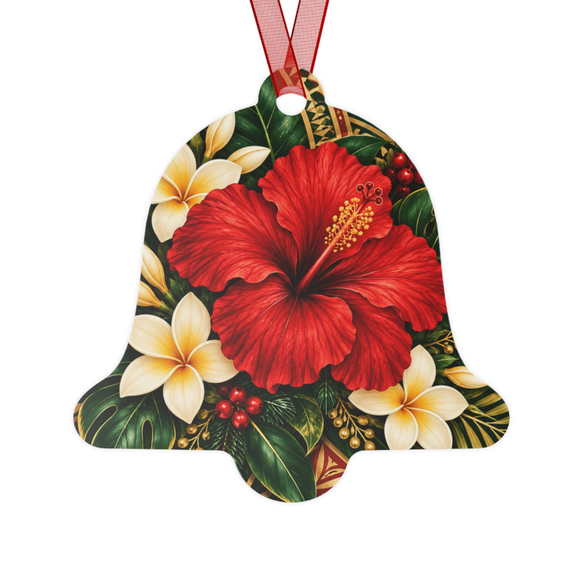 Hibiscus Plumeria Bell Metal Ornament — Tropical Floral Christmas Tree Decoration