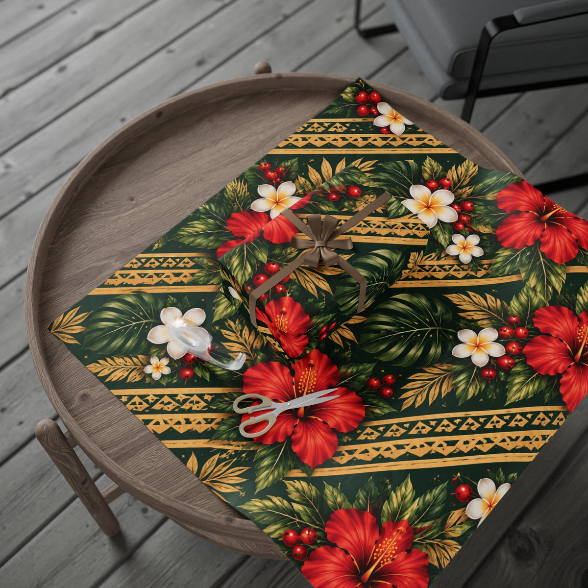 Holiday Floral Wrapping Paper Roll — Tropical Poinsettia & Plumeria Gift Wrap