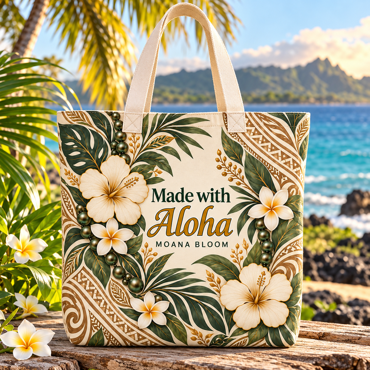Made with Aloha Floral Tote Bag — Hawaiian Plumeria Beach Market Bag