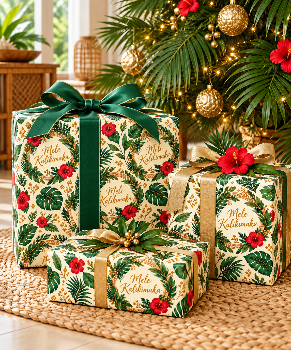 Holiday Wreath Wrapping Paper Roll — Classic Green & Gold Christmas Gift Wrap