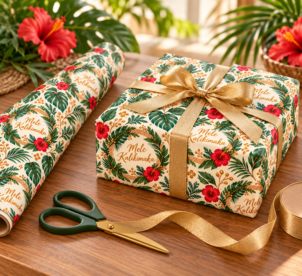Holiday Wreath Wrapping Paper Roll — Classic Green & Gold Christmas Gift Wrap