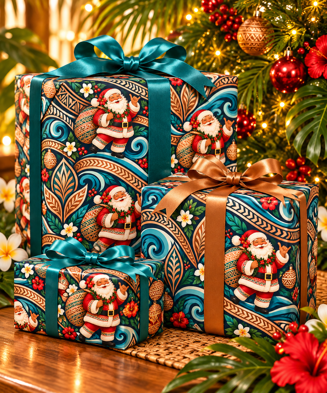 Tropical Polynesian Pattern Wrapping Paper Roll — Floral Tiki Wave Gift Wrap
