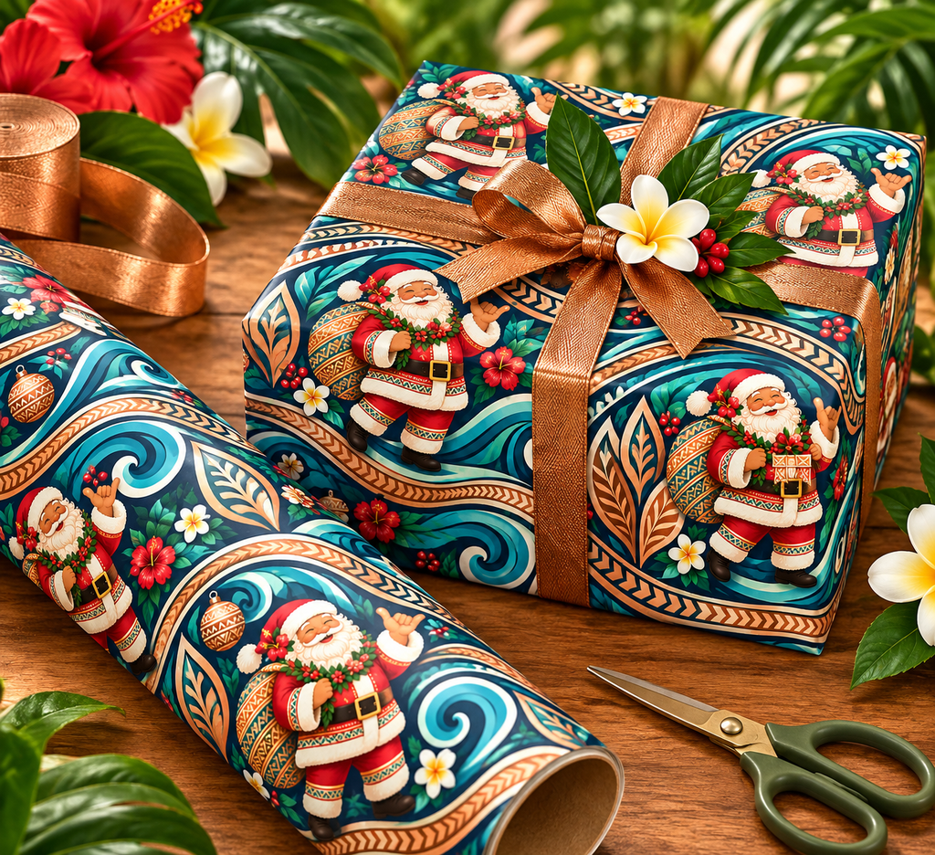 Tropical Polynesian Pattern Wrapping Paper Roll — Floral Tiki Wave Gift Wrap