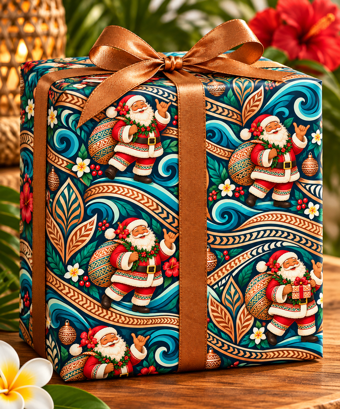 Tropical Polynesian Pattern Wrapping Paper Roll — Floral Tiki Wave Gift Wrap