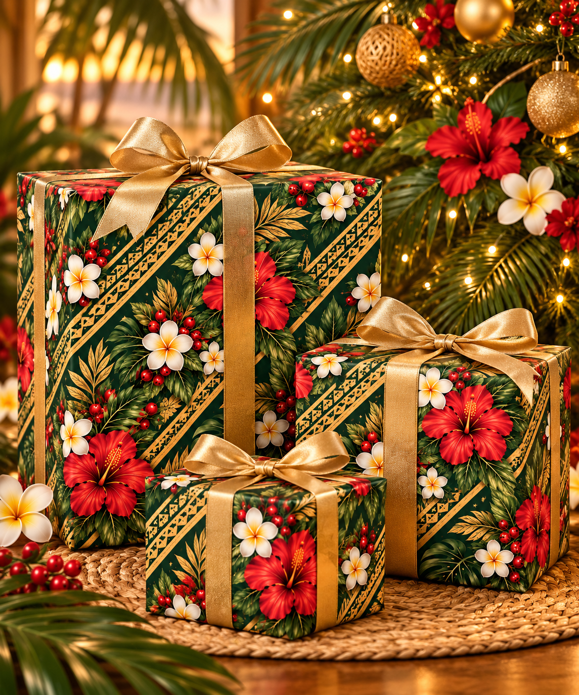 Holiday Floral Wrapping Paper Roll — Tropical Poinsettia & Plumeria Gift Wrap