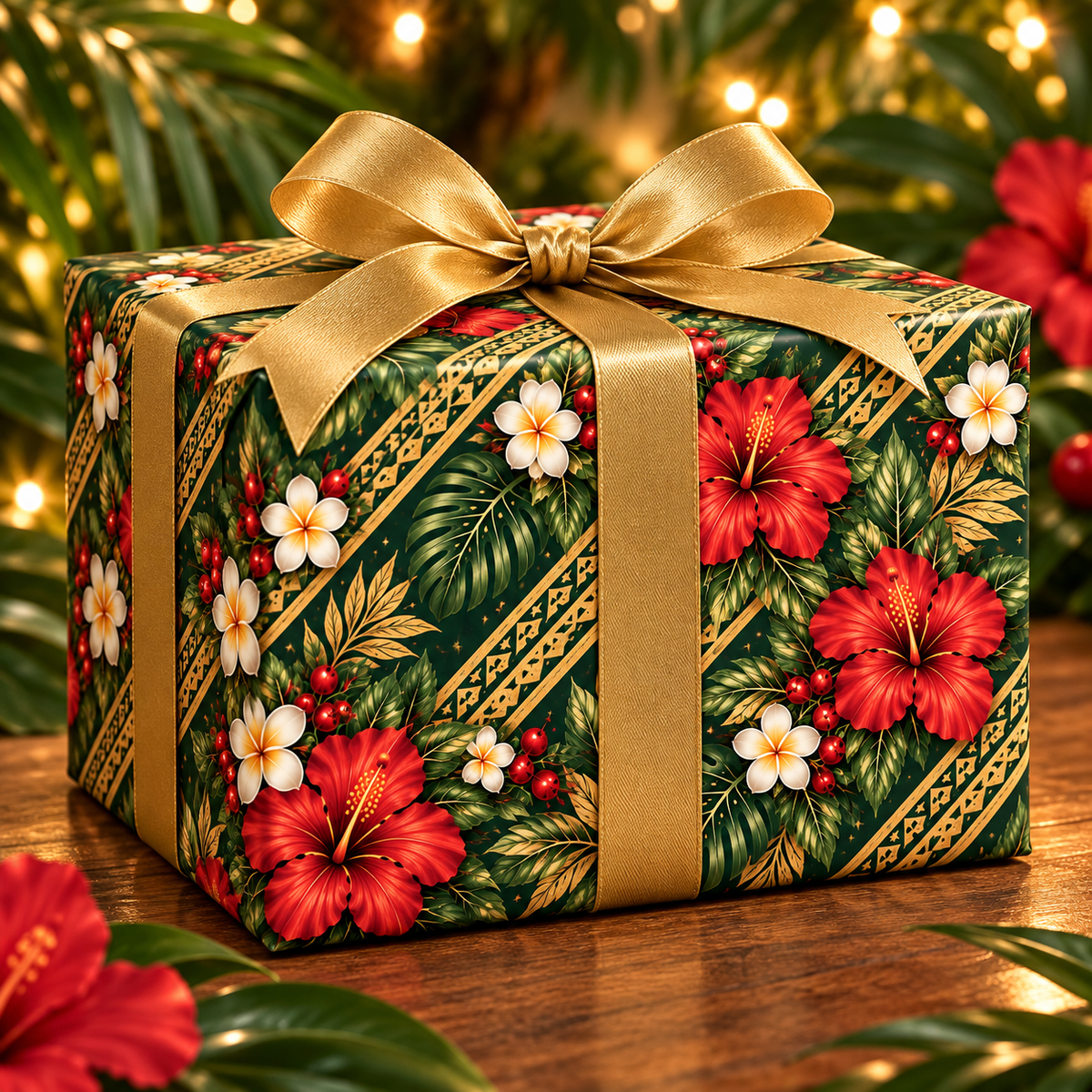 Holiday Floral Wrapping Paper Roll — Tropical Poinsettia & Plumeria Gift Wrap