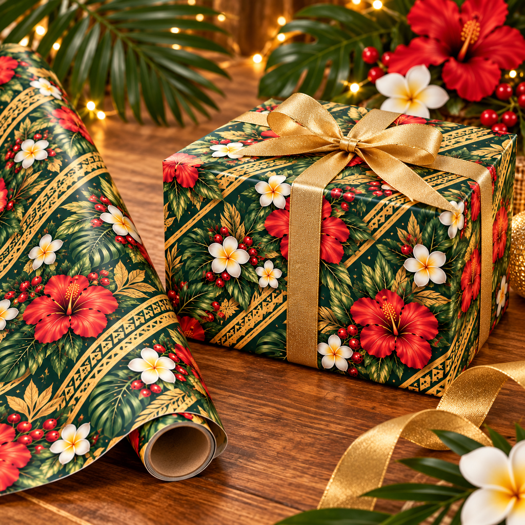 Holiday Floral Wrapping Paper Roll — Tropical Poinsettia & Plumeria Gift Wrap