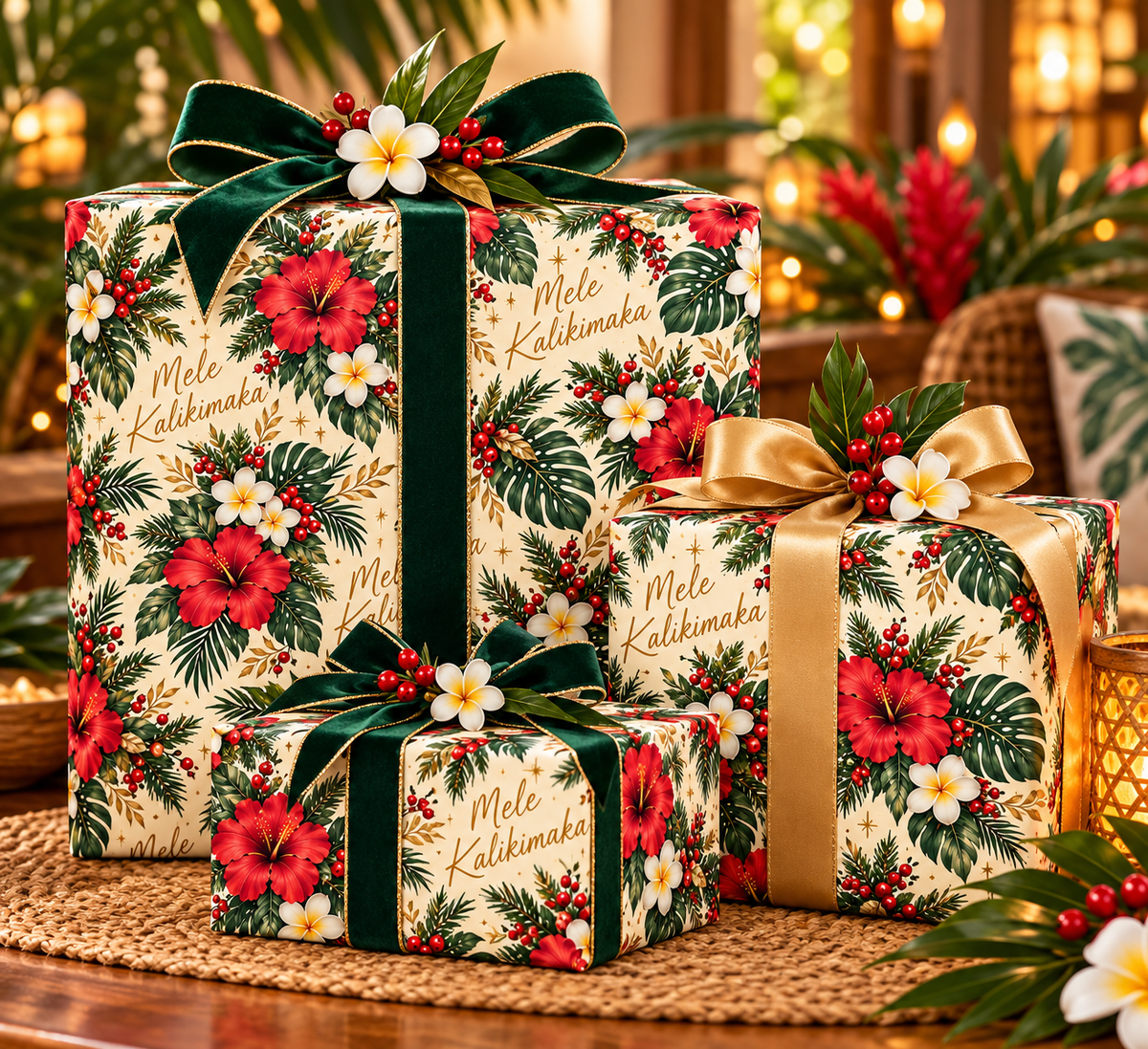 Holiday Poinsettia & Pine Wrapping Paper Roll — Festive Christmas Gift Wrap