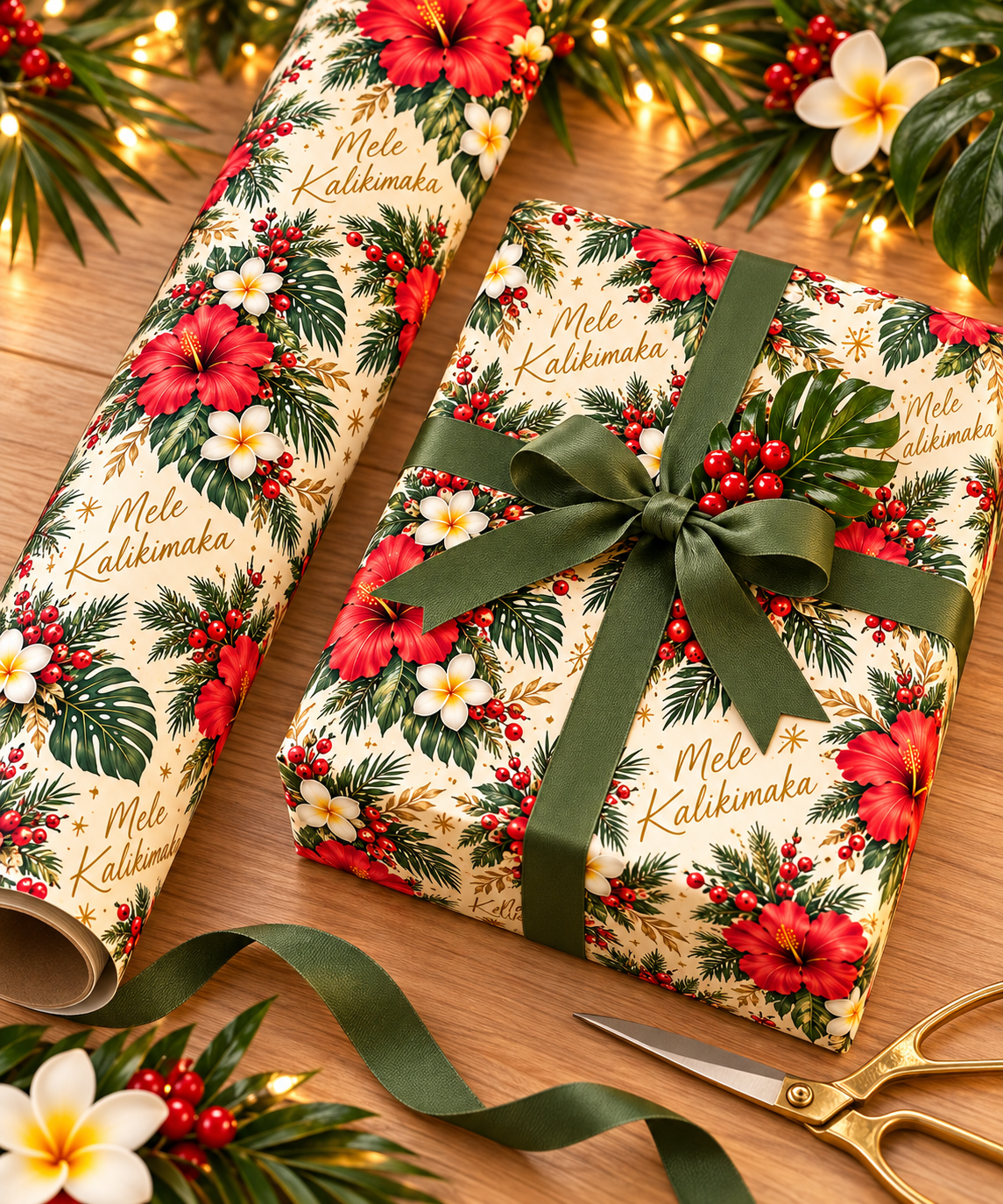 Holiday Poinsettia & Pine Wrapping Paper Roll — Festive Christmas Gift Wrap