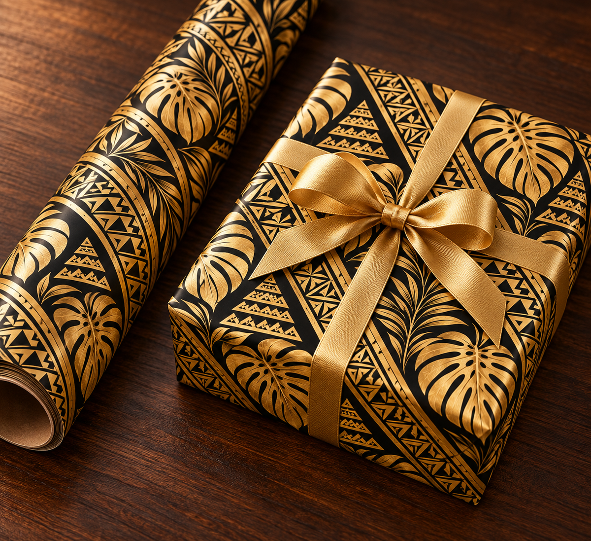 Gold & Black Floral Wrapping Paper Roll — Elegant Gift Wrap for Weddings, Anniversaries & Christmas